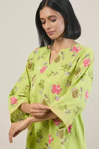 Lime green floral printed cotton kurta set