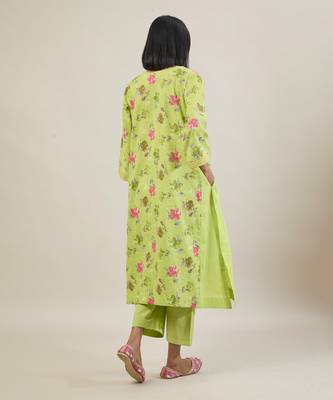 Lime green floral printed cotton kurta set 5