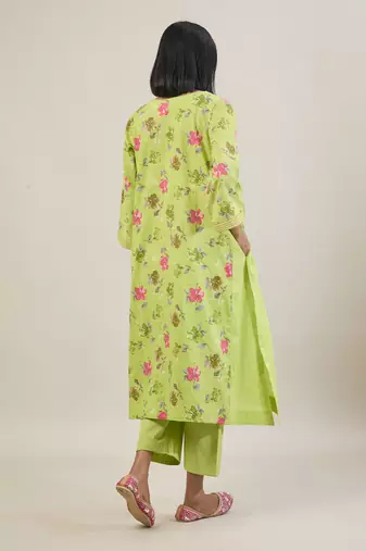Lime green floral printed cotton kurta set
