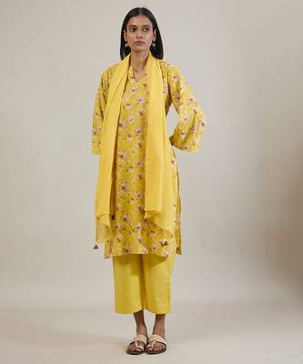 Sunshine yellow printed cotton straight kurta set 1