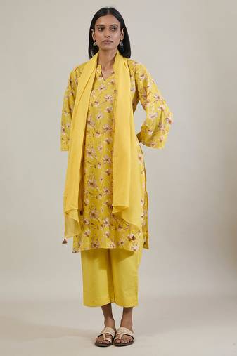 Sunshine yellow printed cotton straight kurta set