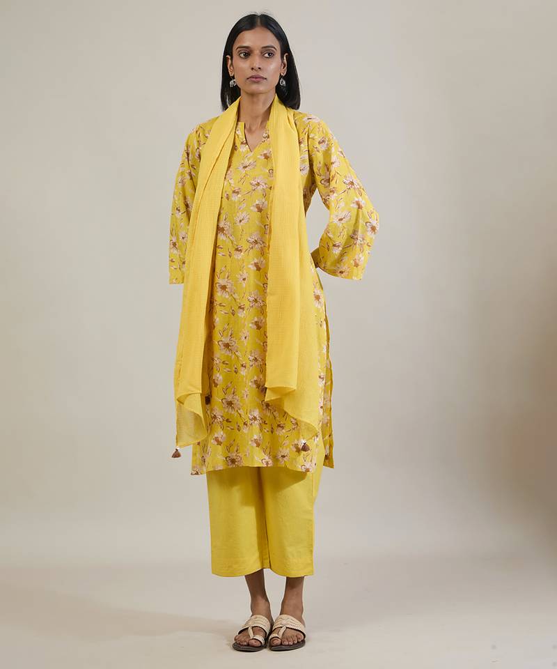 Sunshine yellow printed cotton straight kurta set