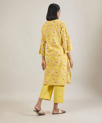 Sunshine yellow printed cotton straight kurta set 2