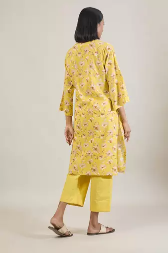 Sunshine yellow printed cotton straight kurta set