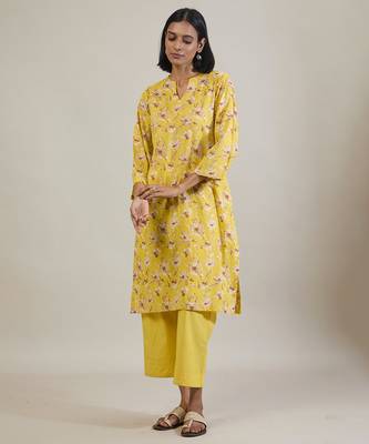 Sunshine yellow printed cotton straight kurta set 3