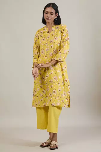 Sunshine yellow printed cotton straight kurta set