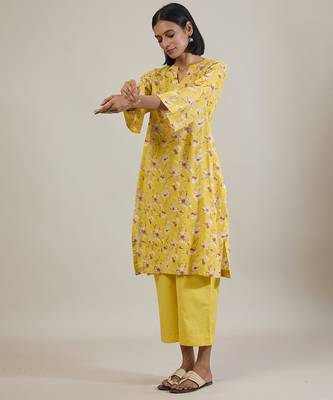 Sunshine yellow printed cotton straight kurta set 4