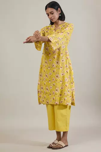 Sunshine yellow printed cotton straight kurta set