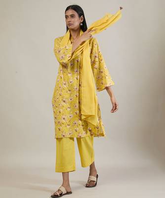 Sunshine yellow printed cotton straight kurta set 5