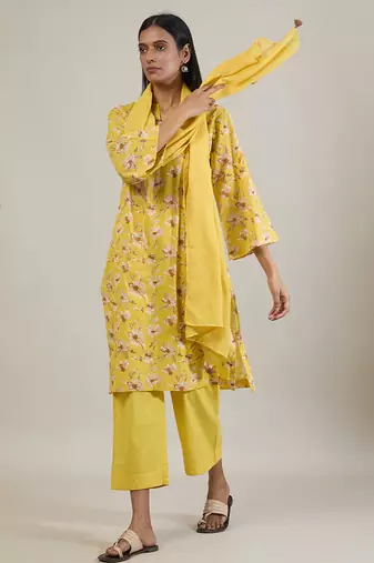 Sunshine yellow printed cotton straight kurta set