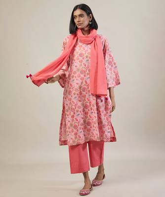 Peach printed cotton straight kurta set 1