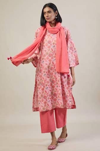 Peach printed cotton straight kurta set