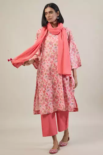 Peach printed cotton straight kurta set
