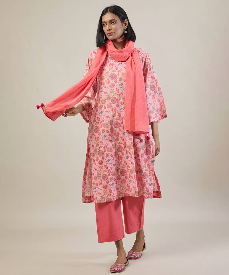Peach printed cotton straight kurta set