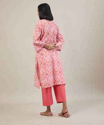 Peach printed cotton straight kurta set 2