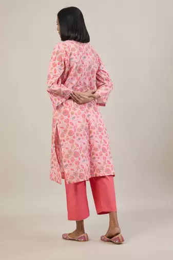 Peach printed cotton straight kurta set