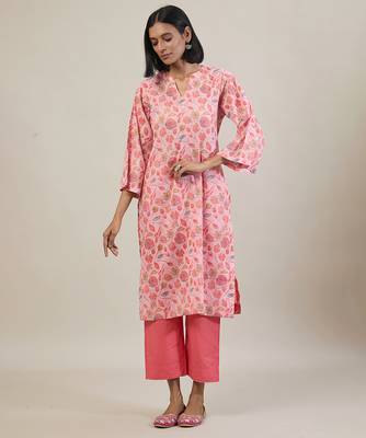 Peach printed cotton straight kurta set 3