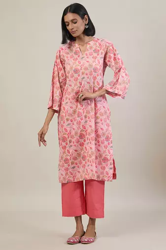 Peach printed cotton straight kurta set