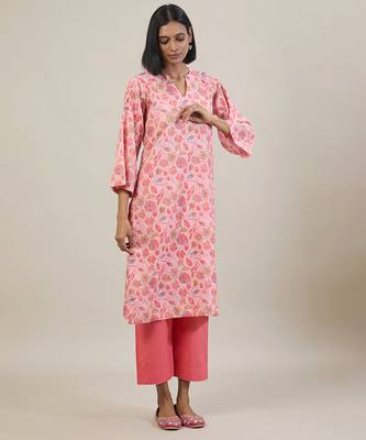 Peach printed cotton straight kurta set 4