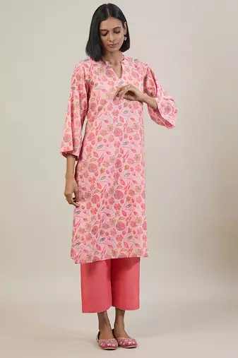 Peach printed cotton straight kurta set