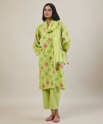 Bright green printed cotton straight kurta set 1