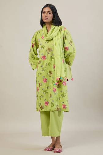 Bright green printed cotton straight kurta set