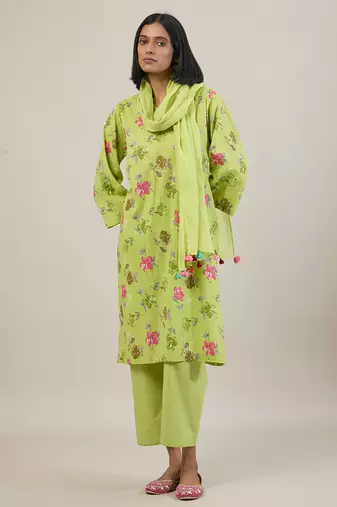Bright green printed cotton straight kurta set