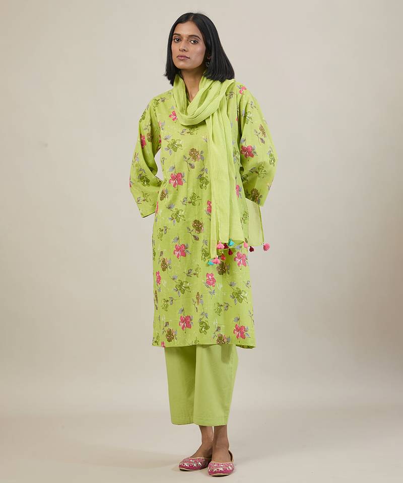 Bright green printed cotton straight kurta set