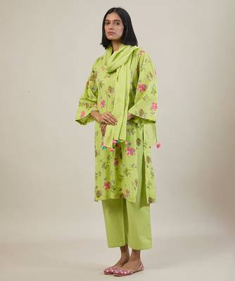Bright green printed cotton straight kurta set 2