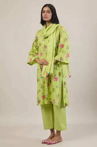 Bright green printed cotton straight kurta set
