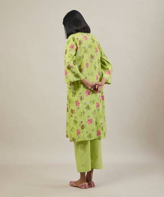 Bright green printed cotton straight kurta set 3