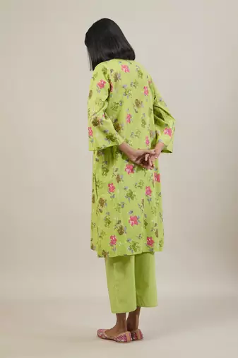 Bright green printed cotton straight kurta set