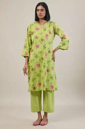 Bright green printed cotton straight kurta set