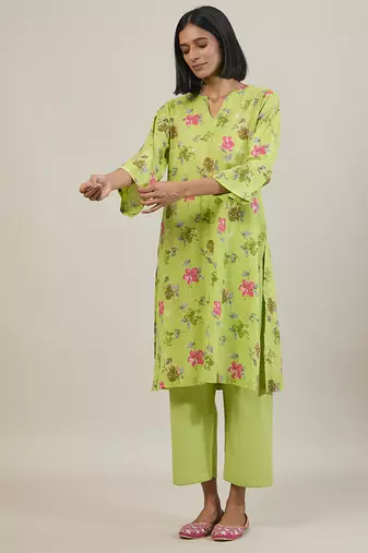 Bright green printed cotton straight kurta set
