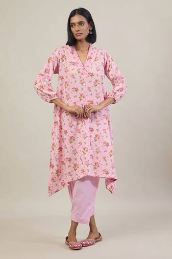 Baby pink printed cotton kurta set