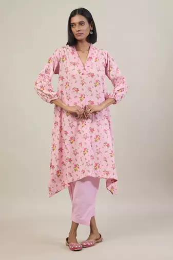 Baby pink printed cotton kurta set