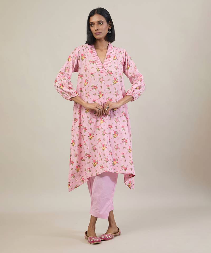 Baby pink printed cotton kurta set