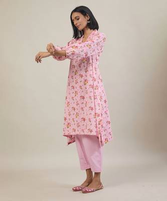 Baby pink printed cotton kurta set 2