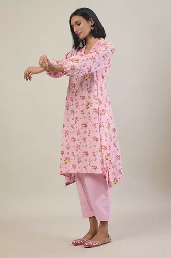 Baby pink printed cotton kurta set