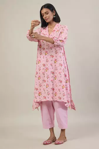 Baby pink printed cotton kurta set