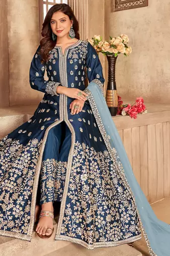 BLUE COLOR CORDING WORK ART SILK GOWN 