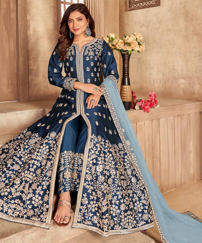 BLUE COLOR CORDING WORK ART SILK GOWN 