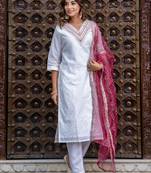 Floral embroidered chanderi silk v neck kurta trouser & dupatta set