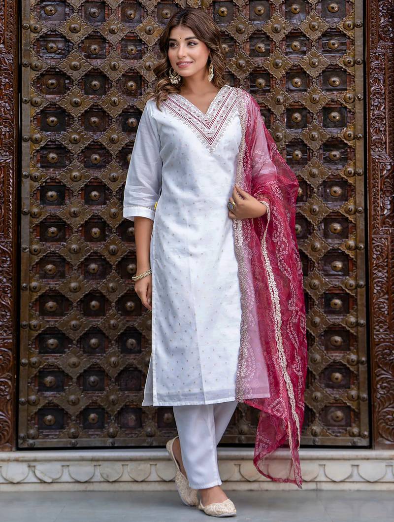 Floral embroidered chanderi silk v neck kurta trouser & dupatta set