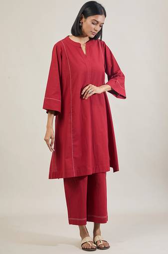 Brick red cotton straight kurta set