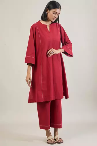 Brick red cotton straight kurta set