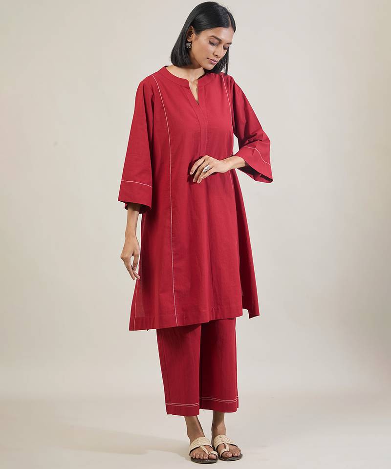Brick red cotton straight kurta set