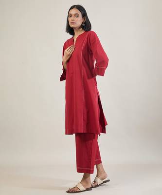 Brick red cotton straight kurta set 2