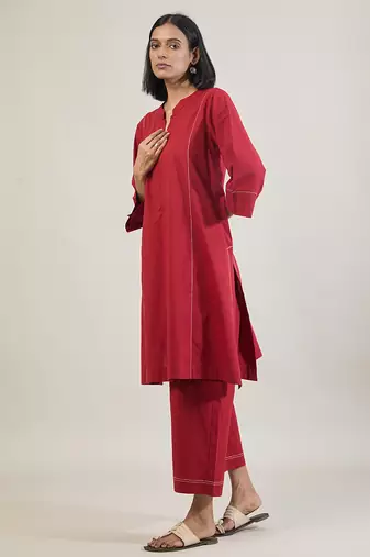 Brick red cotton straight kurta set