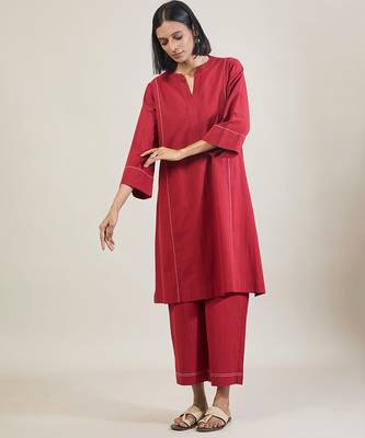 Brick red cotton straight kurta set 3